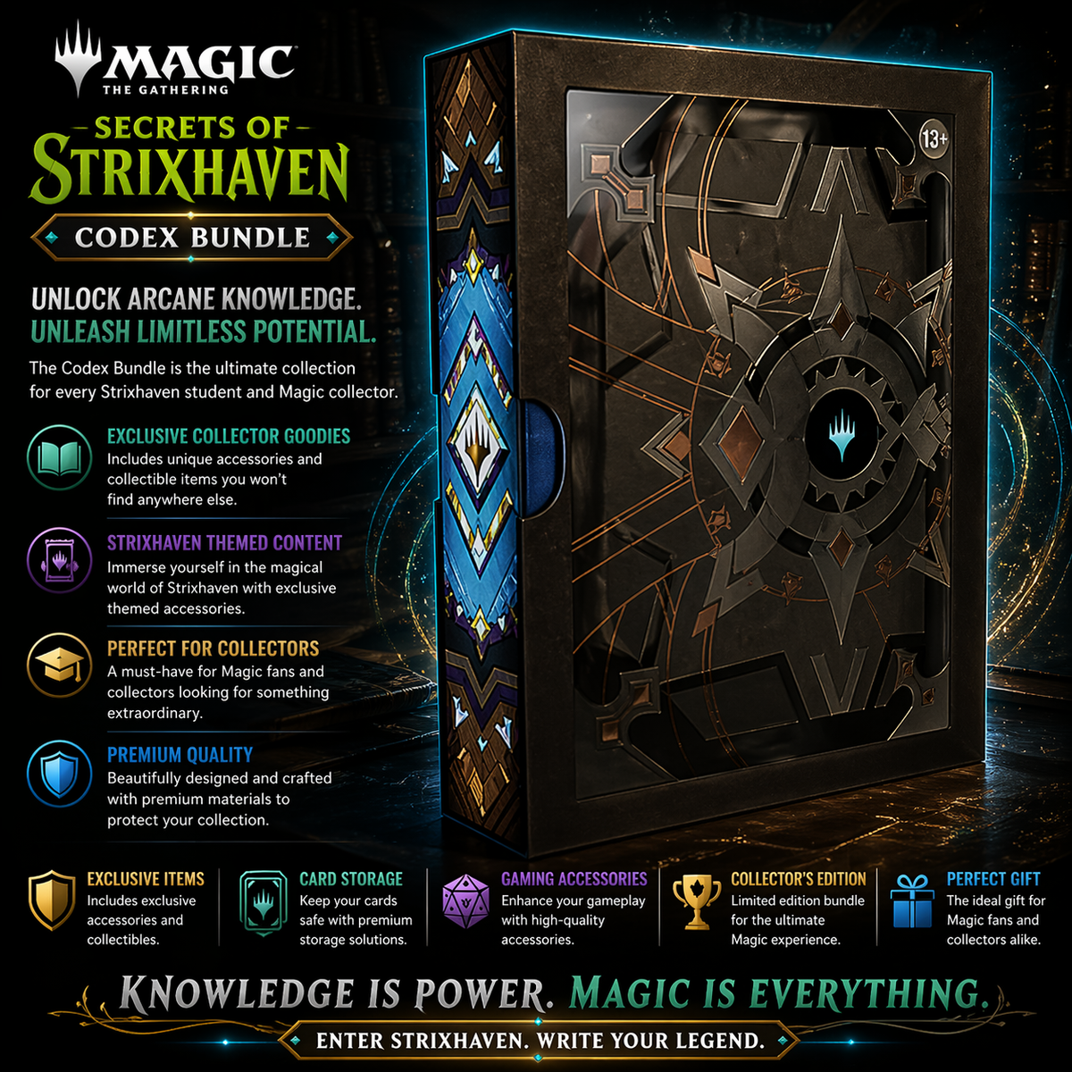 Magic: The Gathering Secrets of Strixhaven Codex Bundle | Premium Collector’s Edition Storage and Accessories Set
