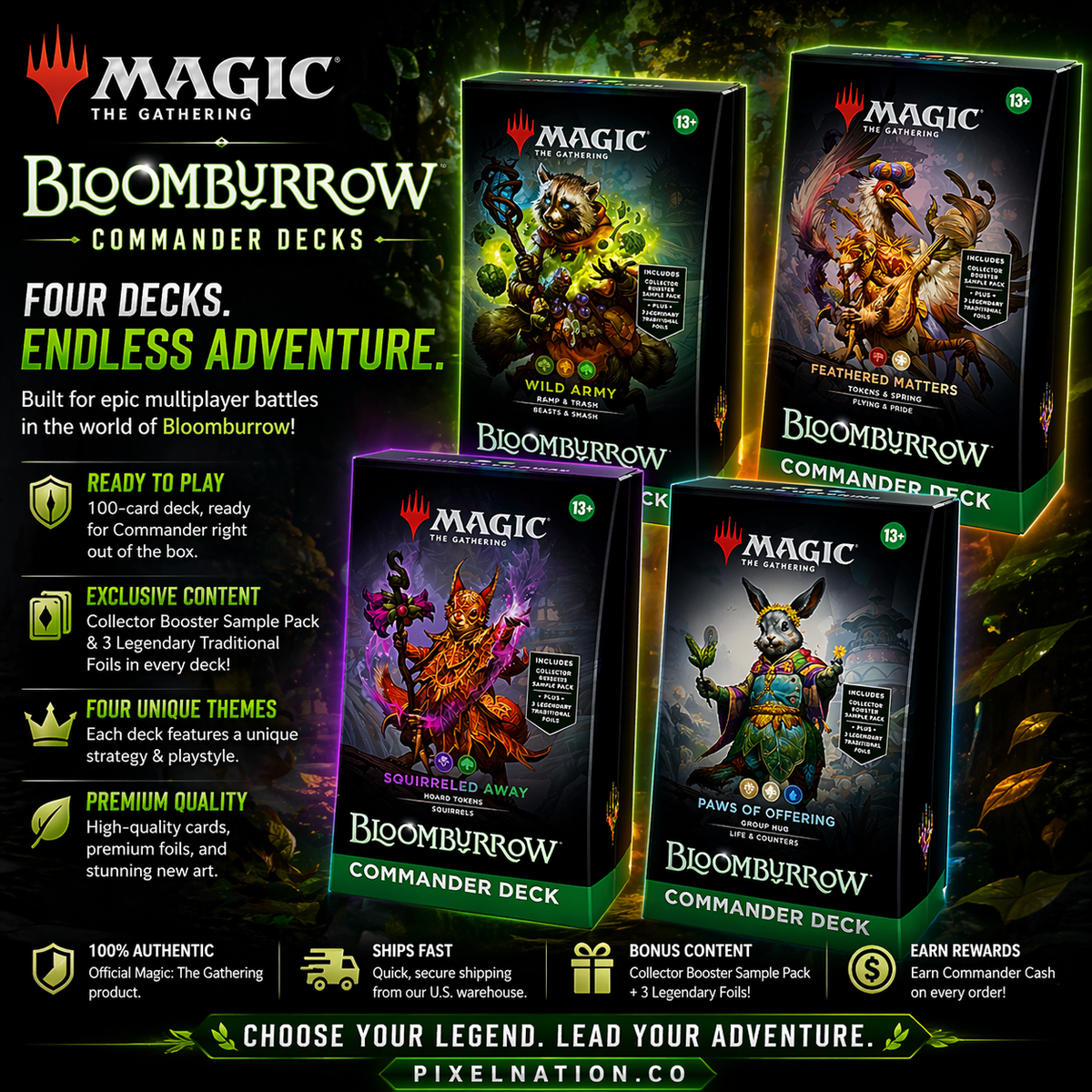 Magic: The Gathering Bloomburrow Commander Deck Display (4 Decks) – Complete Set of All Preconstructed Commander Decks