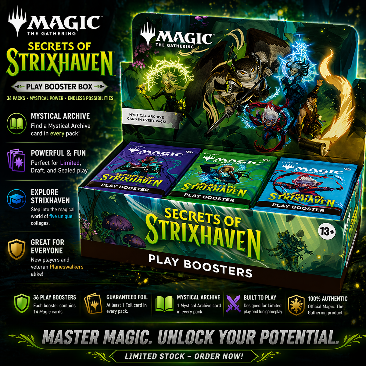 Magic: The Gathering Secrets of Strixhaven Play Booster Box (36 Packs) – Mystical Archive Card in Every Pack
